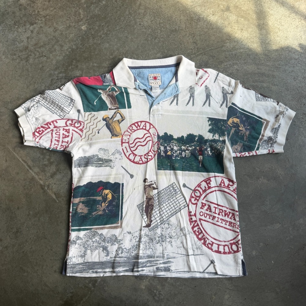 Vintage 90s Cotton Traders Golf AOP Polo Shirt Mens Large Preppy Graphic Sports